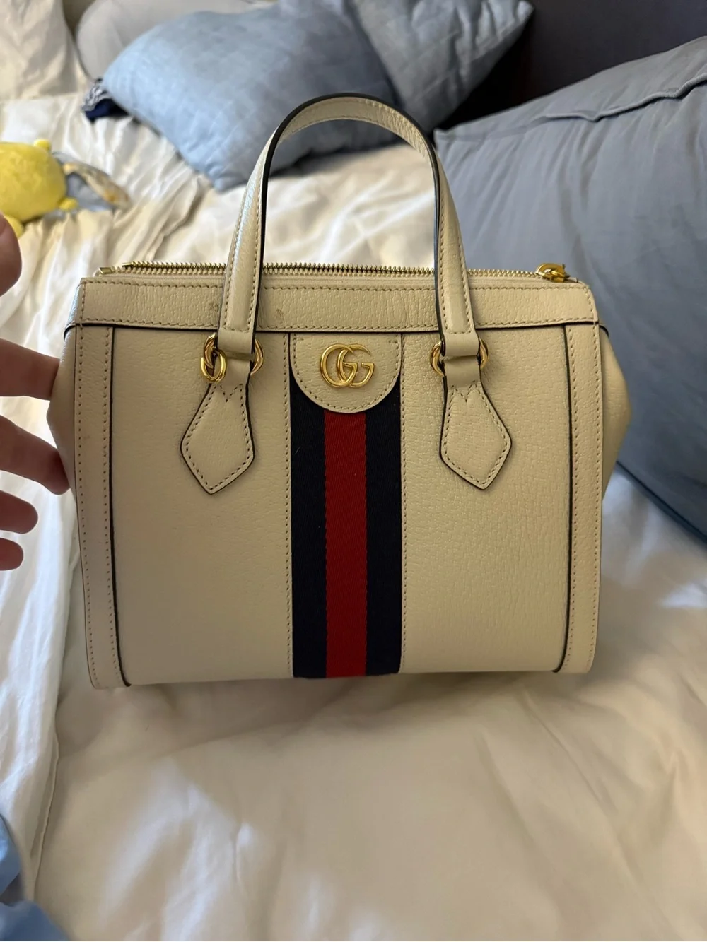 Gucci Cream Top-Handle Satchel with Navy and Red Web Stripe